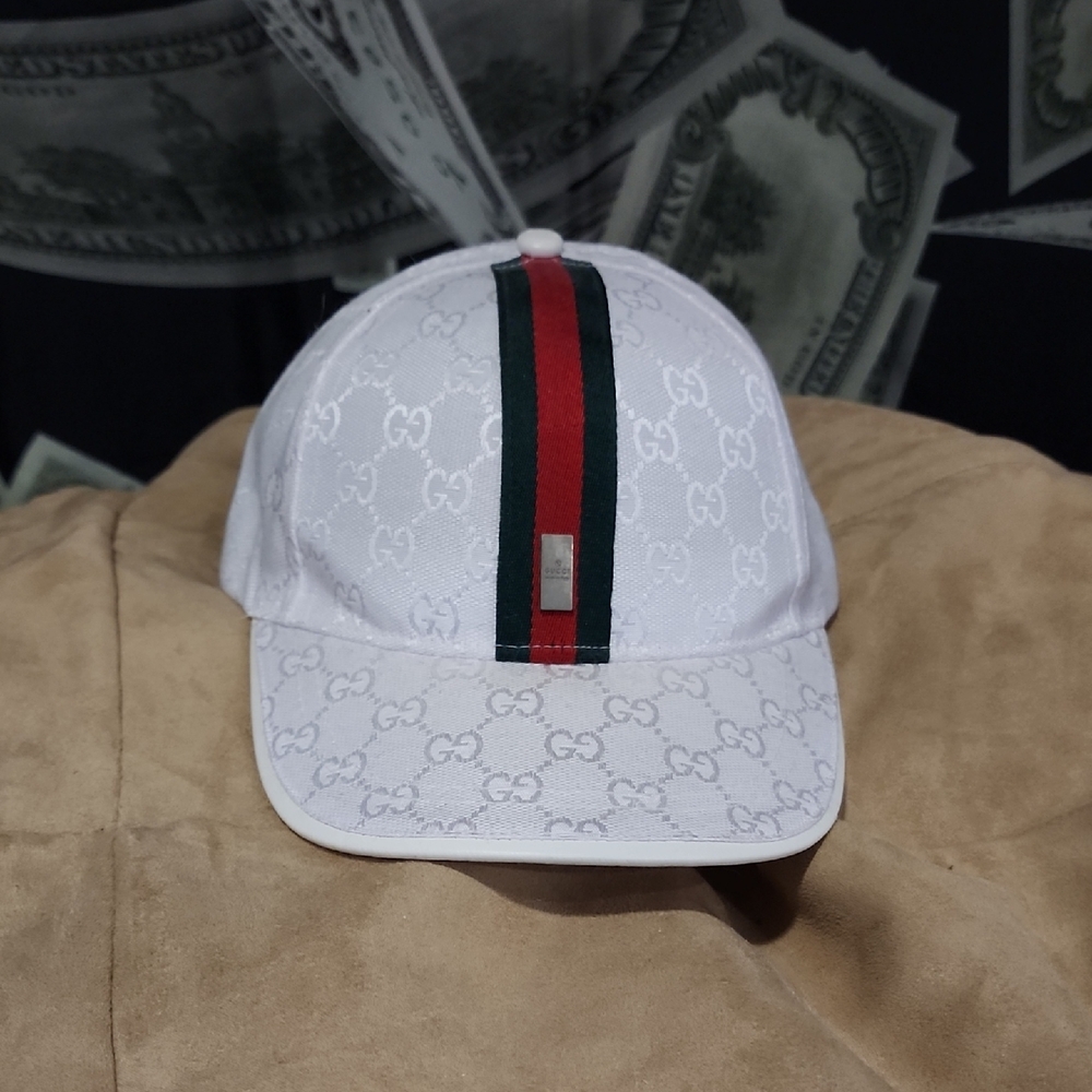 Gucci White GG Monogram Cap with Green-Red Web Stripe